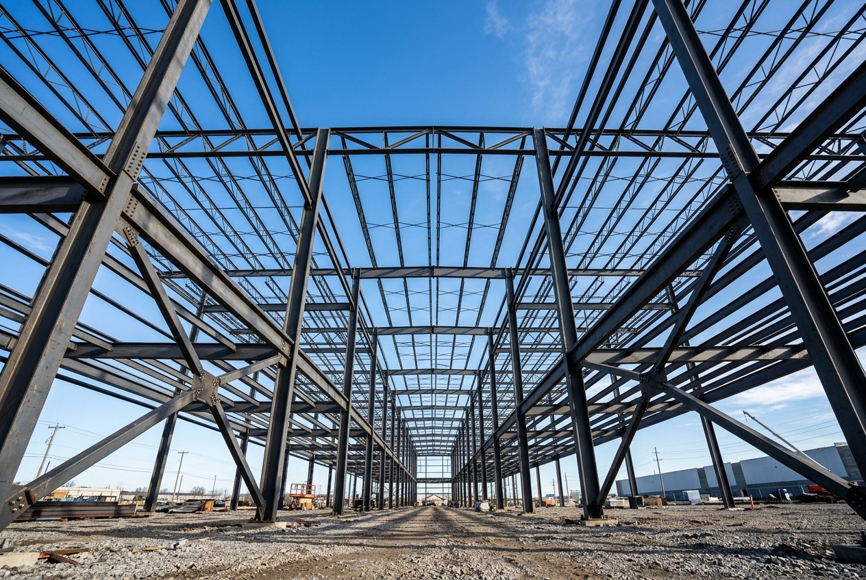 Completed structural steel warehouse frame — SteelWorx Fabrication project